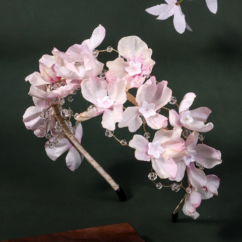 Rosa Stoff Blume Kristall Perlen Haarband Handgefertigt Waldstil Braut Hochzeit Party Haarschmuck Für Damen