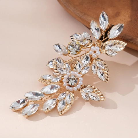Elegante Pinza para el Pelo con Hoja Strass y Perla Artificial para Mujer Aleación de Oro y Plata Hecha a Mano Accesorio para el Pelo de Boda