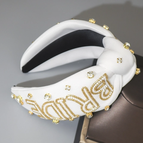 Cerchietto a Spugna Largo in Tessuto Vintage Francese Con Strass Perla Artificiale Design Lettera Sposa Per Matrimonio Festa Donna