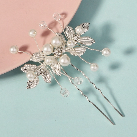 Eleganter Silberblatt Braut Haarnadel Mit Imitationsperle Strass U Form Haarstab Für Hochzeit Party Damen Schmuck
