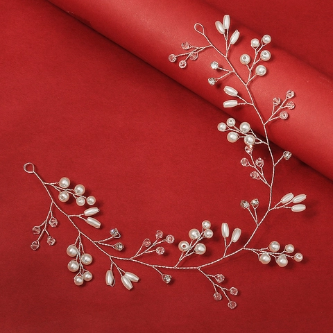 Diadema de Novia Hecha a Mano Alambre de Plata Enredadera Perla Artificial Blanca Diamante de Imitación Accesorios para el Cabello de Boda Mujer