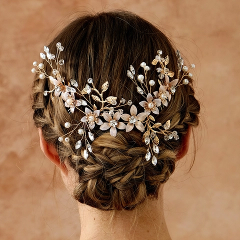 Set di Pettini per Capelli da Sposa Fatti a Mano con Fiori in Lega d'Oro Perla Artificiale Strass Accessori per Capelli