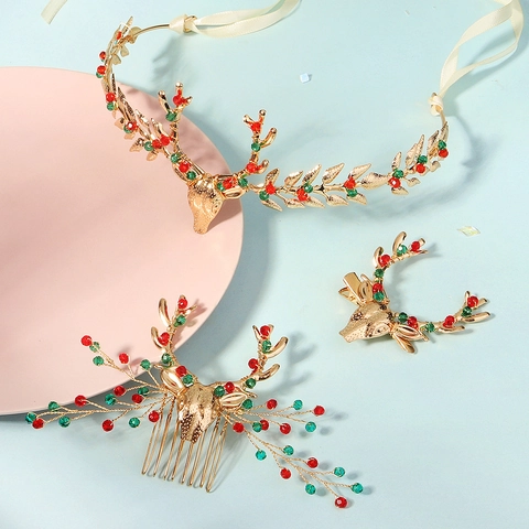Set Accessori per Capelli Natale Corna di Renna Lega Strass Pettine per Capelli Renna Clip Cerchietto per Donna Bambini Regalo