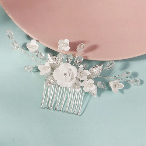 Handgefertigte Weiße Blume Braut Haarkamm Versilberte Legierung Polymer-Ton Floral Strass Kristall Haarnadel Hochzeit Kopfschmuck Für Damen