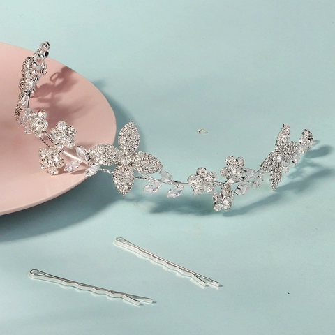 Elegante Vides de Cabello de Novia de Plata Circonia Flor Hoja Mariposa Diadema de Boda Joyería para Mujeres Accesorios