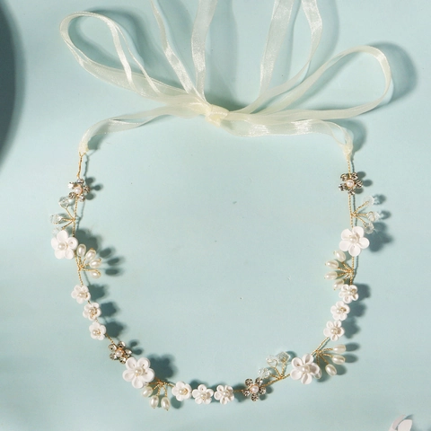 Handgefertigtes Braut Haarband Weiße Polymer-Ton Blumen Künstliche Perlen Strass Golddraht Haarranke Hochzeit Haarschmuck