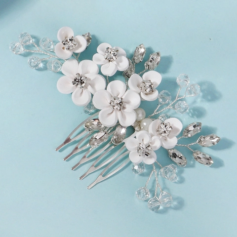 Handmade White Polymer Clay Flower Bridal Hair Comb With Rhinestone Acrylic Crystal Wedding Hair Accessories For Women