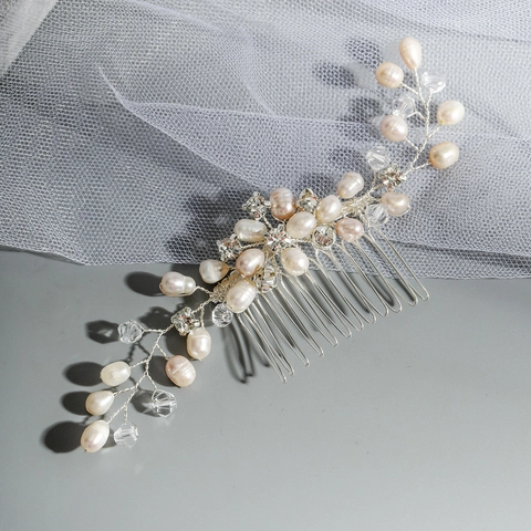 Handmade Freshwater Pearl Crystal Flower Bridal Hair Comb Elegant Silver Wire Wedding Hair Accessories For Women Banquet