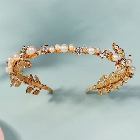 Eleganter Gold Blatt Braut Haarreif Mit Legierung Künstliche Perlen Und Strass Handgefertigt Vintage Hochzeit Haarschmuck Für Damen