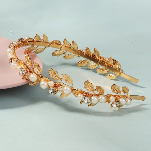 Eleganter Gold Blatt Braut Haarreif Mit Legierung Künstliche Perlen Und Strass Handgefertigt Vintage Hochzeit Haarschmuck Für Damen