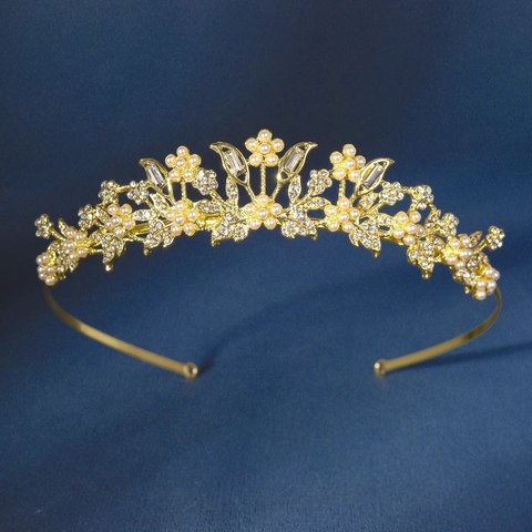 Corona Tiara Floreale Oro Vintage Con Perla Artificiale Strass Accessori Capelli Sposa Per Matrimonio Festa Compleanno Donna