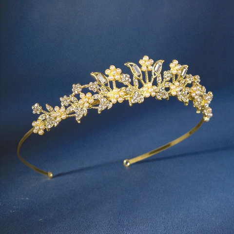 Corona Tiara Floreale Oro Vintage Con Perla Artificiale Strass Accessori Capelli Sposa Per Matrimonio Festa Compleanno Donna