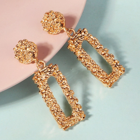Fashion Hammered Texture Alloy Drop Earrings For Women Elegant Gold Geometric Rectangular Hollow Earrings For Birthday Party Jewelry