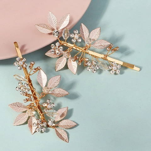 Pinza para el Cabello de Hoja Dorada Hecha a Mano para Novia Con Diamantes de Imitación Perla Artificial Joyería de Mujer