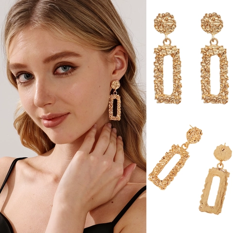 Fashion Hammered Texture Alloy Drop Earrings For Women Elegant Gold Geometric Rectangular Hollow Earrings For Birthday Party Jewelry