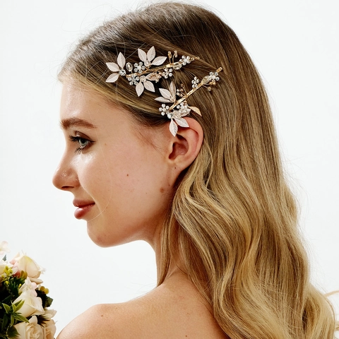 Pinza para el Cabello de Hoja Dorada Hecha a Mano para Novia Con Diamantes de Imitación Perla Artificial Joyería de Mujer