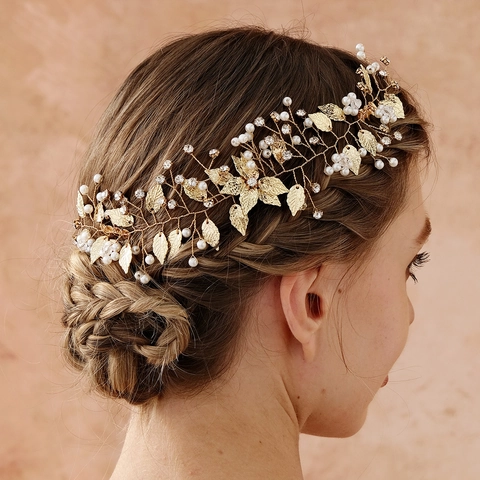 Vintage Pettine per Capelli Sposa Fatto a Mano in Lega d'Oro Foglia Vite di Nozze Con Strass Perla Artificiale Copricapo Floreale Donna