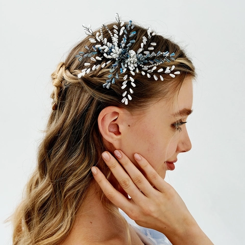 Pettine per Capelli Sposa Fatto a Mano Perla Artificiale Blu Cristallo Strass Fiore Foglia Accessori Capelli Matrimonio Donna