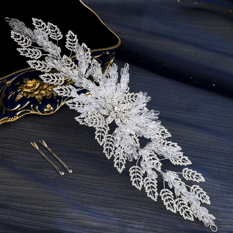 Lussuosa Vite per Capelli da Sposa Strass Cristallo Foglia Fiore Copricapo da Sposa Argento Gioielli di Moda per Donne Spose