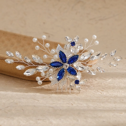 Pettine per Capelli Floreale Fatto a Mano Vintage Con Strass Blu Bianchi e Perla Artificiale per Matrimonio Sposa Gioielli