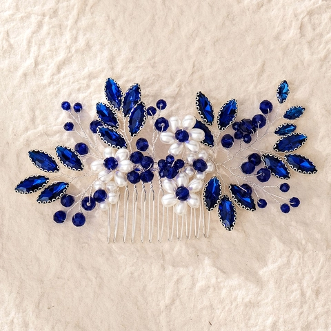Elegante Pettine per Capelli da Sposa con Strass Blu Fatto a Mano Floreale con Perle Artificiali Accessori per Capelli Matrimonio Donna