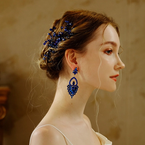 Blue Rhinestone Bridal Hair Comb Floral Leaf Crystal Hair Jewelry Hair Comb And Earrings Set For Women Wedding Party