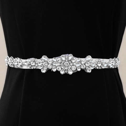Elegant Rhinestone Bridal Wedding Belt For Women Hand-sewn Crystal Flower Sash With White Satin Ribbon Formal Party Dress