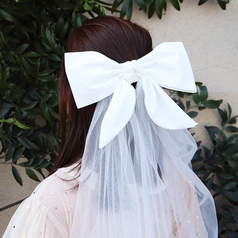 Elegant White Large Bowknot Hair Clip With Long Tulle Veil For Wedding Party Bridal Headpiece Satin Mesh Hair Accessories