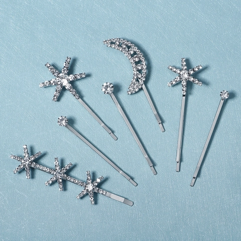 Luxury Alloy Rhinestone Star Moon Hair Clips Set For Women Silver Hairpins For Wedding Party Everyday Hair Accessories