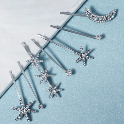 Luxury Alloy Rhinestone Star Moon Hair Clips Set For Women Silver Hairpins For Wedding Party Everyday Hair Accessories