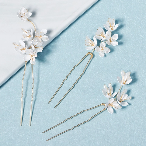 Vintage Braut U-Förmige Haarnadeln Gold Legierung Metall Weiße Acryl Blume Strass Hochzeit Haarschmuck Set Damen