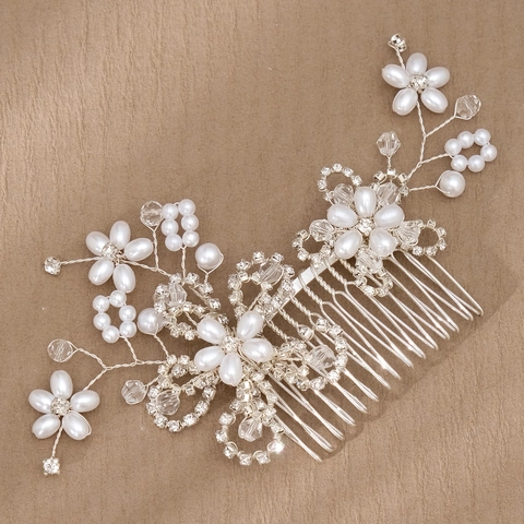 Silver Bridal Hair Comb With Faux Artificial Pearls And Rhinestones Floral Branch Wedding Headpiece For Women Brides Jewelry