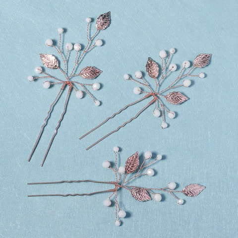 Set di Bastoncini per Capelli a Foglia Oro Rosa Fatti a Mano Con Künstliche Perle Sintetiche e Strass per Matrimonio Sposa