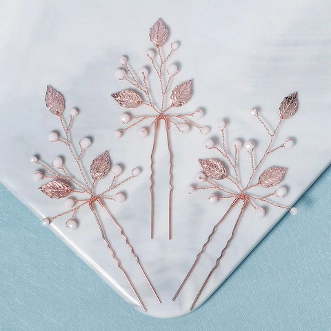 Set di Bastoncini per Capelli a Foglia Oro Rosa Fatti a Mano Con Künstliche Perle Sintetiche e Strass per Matrimonio Sposa