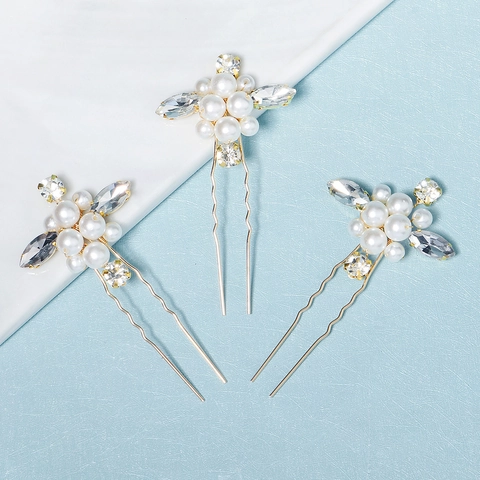 Set di Forcine per Capelli a U con Künstliche Perle e Strass Fatto a Mano in Lega Oro Fiore per Matrimonio Stile Antico Hanfu Gioielli