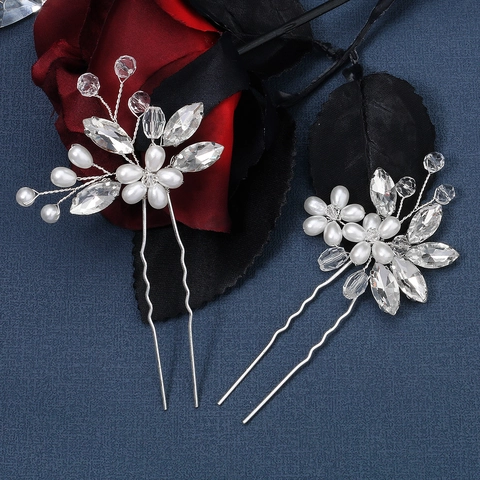 Pendientes de Botón de Lujo Hechos a Mano con Flores en Forma de U Perla Artificial Strass Tocado de Novia Horquillas de Plata para Boda Fiesta Mujer Joyería