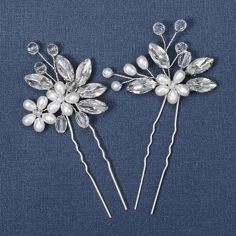 Pendientes de Botón de Lujo Hechos a Mano con Flores en Forma de U Perla Artificial Strass Tocado de Novia Horquillas de Plata para Boda Fiesta Mujer Joyería