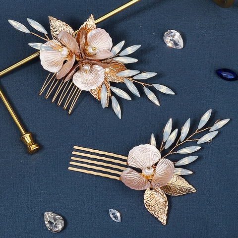 Vintage Foresta Fiore d'Oro Sposa Pettine per Capelli Set Fatto a Mano Strass Perla Artificiale Accessori Capelli Matrimonio Donna