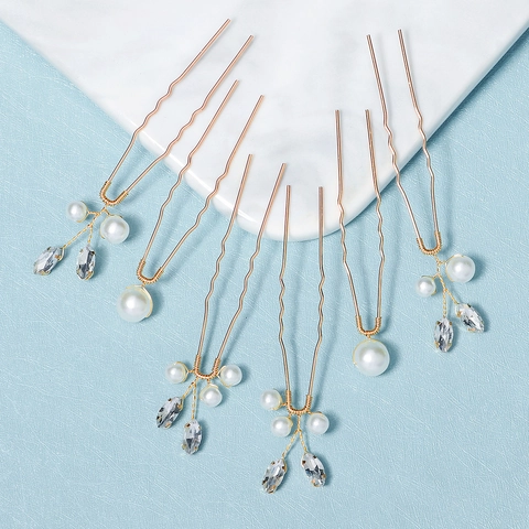 Elegant Gold Alloy Bridal Hair Pins With Artificial Pearls And Rhinestones U Shaped Hair Sticks For Wedding Party Women