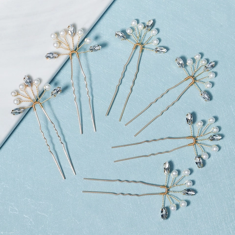 Set de Horquillas de Flores Hechas a Mano para Novia Dorado Strass Perla Artificial Forma de U Accesorios para el Cabello