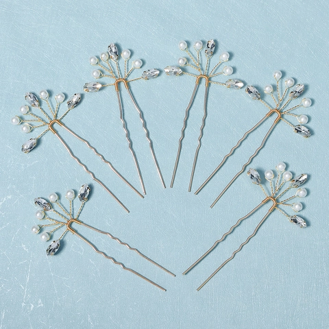 Set de Horquillas de Flores Hechas a Mano para Novia Dorado Strass Perla Artificial Forma de U Accesorios para el Cabello
