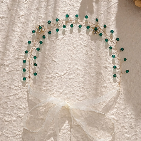 Handmade Bridal Headwear Golden Alloy Vine Hair Band Green Crystal Beads Rhinestone Flower Wedding Headpiece For Women