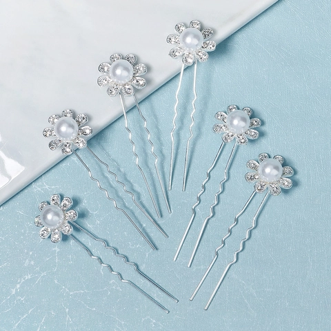 Palillos para el Cabello de Flores Plateadas para Mujer Novia Boda Diamantes de Imitación Perla Artificial Horquillas en U Joyería Coreana Minimalista