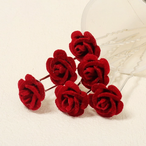 Vintage Chinesischer Stil Rote Rose Haarstäbe 6-Teiliges Set Samtstoff Blume U-Förmige Haarnadeln Für Hanfu Cheongsam Hochzeit Braut Party Schmuck