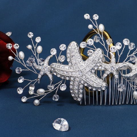 Peigne à Cheveux de Mariée Étoile de Mer en Alliage d'Argent Strass et Perle Artificielle Accessoire de Mariage pour Femme