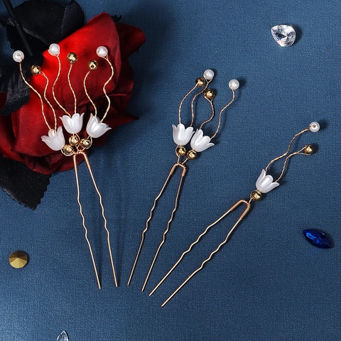 Palillos para el Pelo Estilo Chino Vintage Lirio de los Valles Horquillas en U Aleación Oro Flor Acrílica Perla Artificial Borla