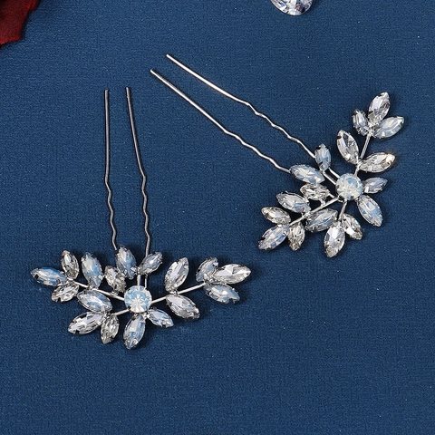 Bastoncino per Capelli Sposa Stile Coreano con Strass a Foglia Forcina a U Lega Argento Gioielli Eleganti per Donna
