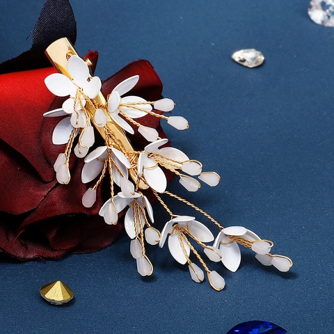 Elegante Pinza para el Pelo Floral Hecha a Mano para Mujer Color Dorado Flor Cristal Pasador Estilo Bosque Boda Accesorios