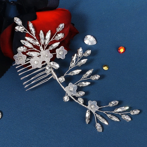 Vintage Silver Crystal Bridal Hair Comb Handmade White Flower Headpiece For Wedding Evening Party Women Jewelry