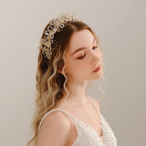 Cerchietto da Sposa Dorato Fatto a Mano Lussuosa Tiara con Perline di Cristallo Fiori e Farfalle Elegante Copricapo per Matrimonio Festa Donna